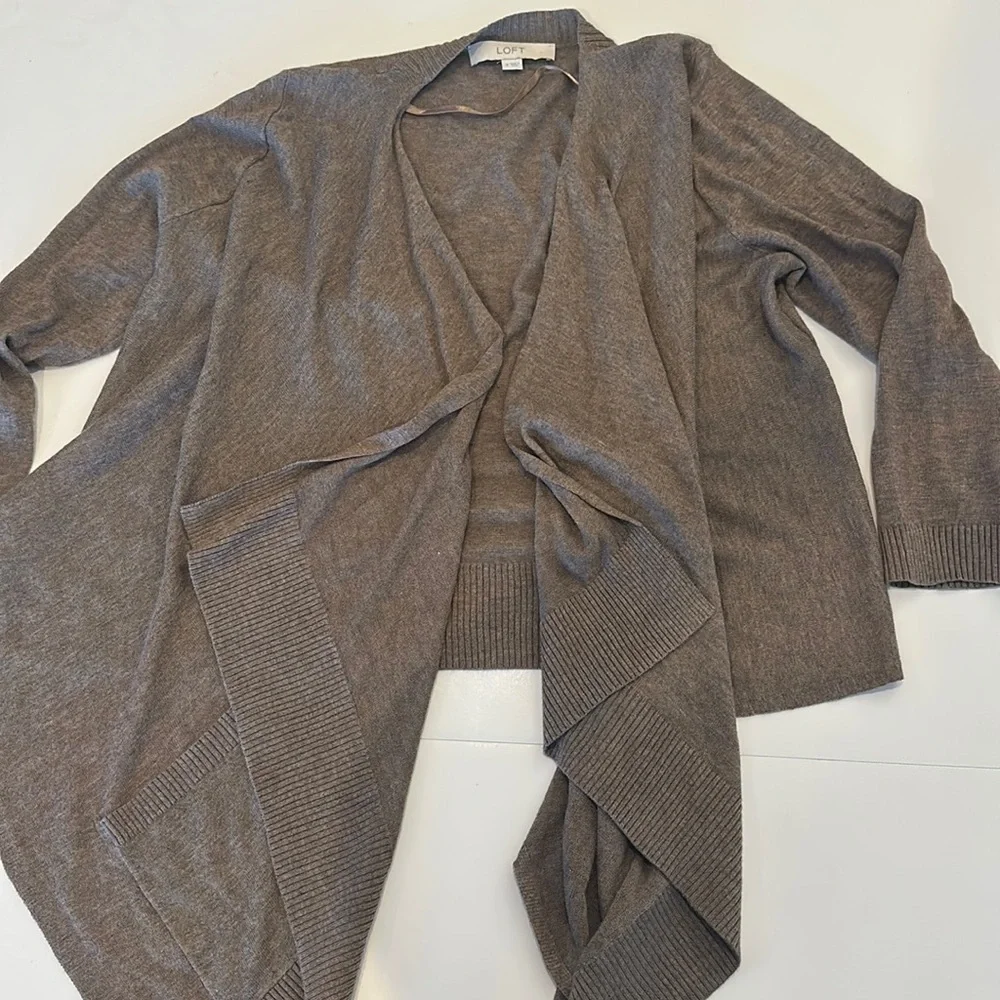 LOFT wool blend draped wrap cardigan sweater jacket light soft S brown taupe